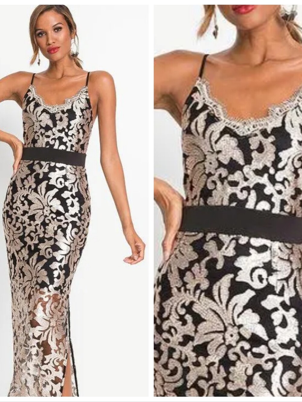 NWT Venus Black and Gold Sequin Lace Maxi Gown Metallic Women's 2 Mcbling Retro